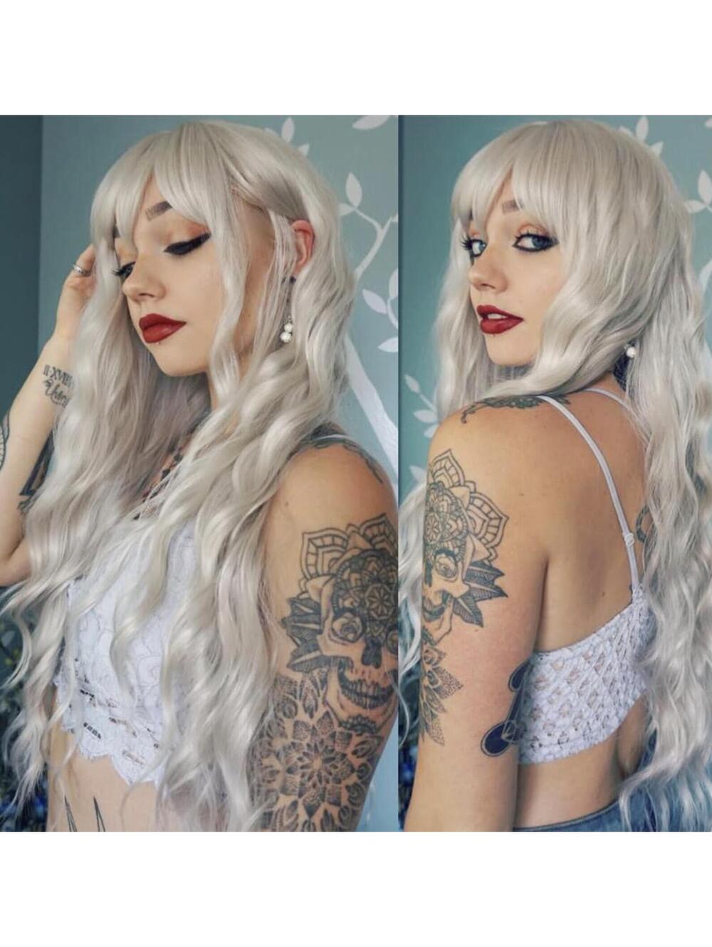 White Silver 24" Wavy Long Wig Y2K Extra Long Wig Natural Wavy Women Bangs 3228